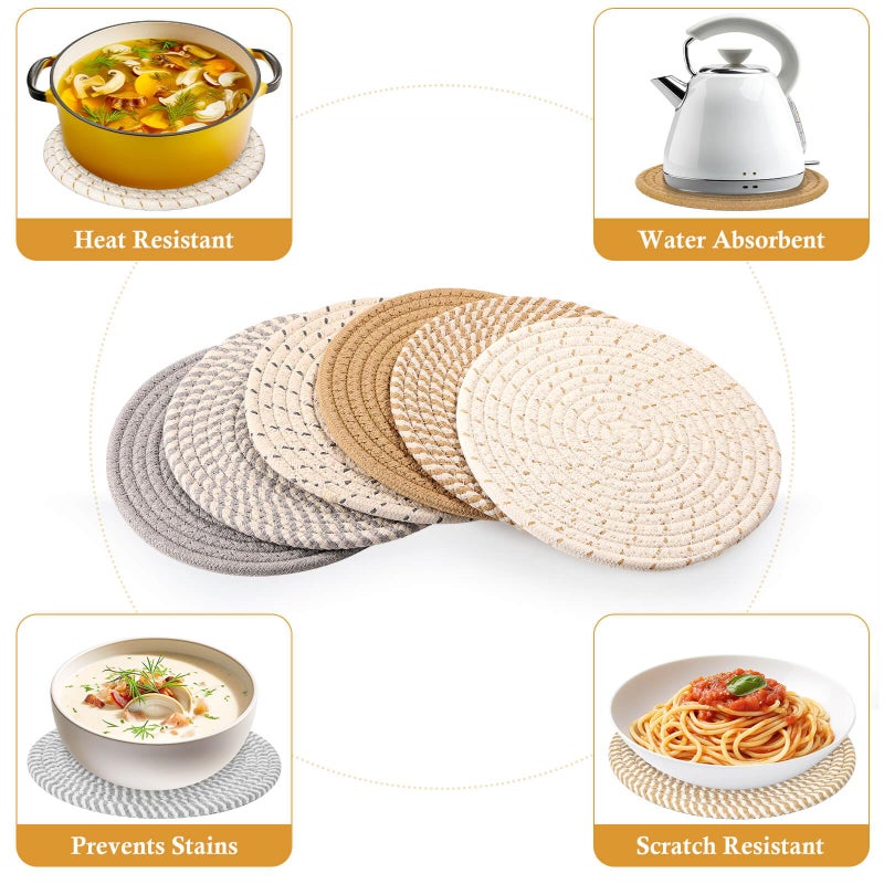 Billbotk 8"" Trivets for Hot Dishes, Hot pots and Pans, 6 Heat Resistant Hot Pads, Pot Holders for Kitchen, Hot Plate Mats for Table, Kitchen Decor for Counter, Home Essentials, Farmhouse(Boho) - Image 4